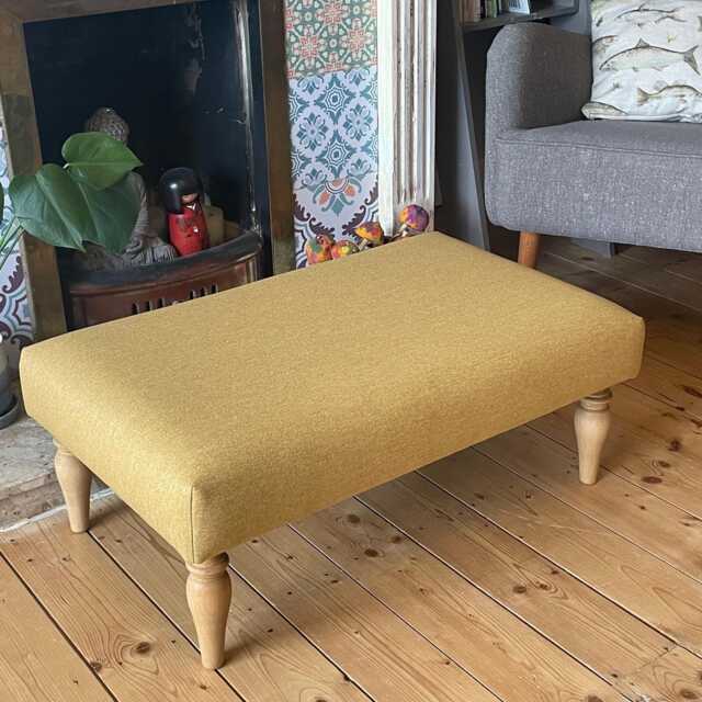 Upholstered Footstool Coffee Table, Yellow Gold, Grey, Orange & Blue Twill Style Fabric - image 1