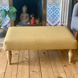 Upholstered Footstool Coffee Table, Yellow Gold, Grey, Orange & Blue Twill Style Fabric - thumbnail 2
