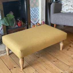 Upholstered Footstool Coffee Table, Yellow Gold, Grey, Orange & Blue Twill Style Fabric - thumbnail 1