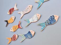 Wall Hanging Fish Shoal Art Tiles. Nautical Theme Quirky Wall Decor For Coastal Seaside Home Or Bathroom. Handmade UK Pottery - thumbnail 1