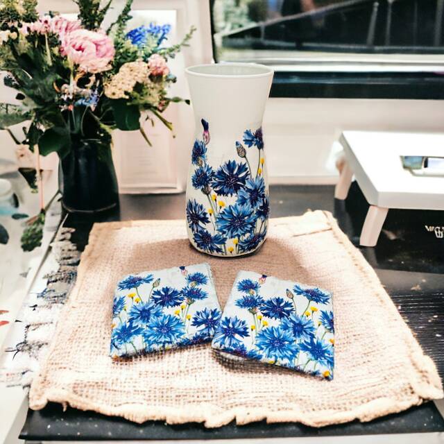 Blue Cornflower Glass Flower Vase & Matching Slate Coasters, Gift Set, Home Decor, Gifts - image 1