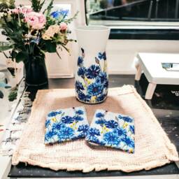 Blue Cornflower Glass Flower Vase & Matching Slate Coasters, Gift Set, Home Decor, Gifts - thumbnail 1