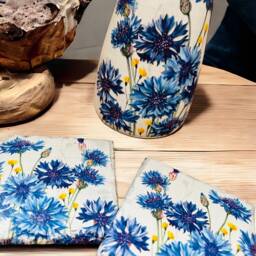 Blue Cornflower Glass Flower Vase & Matching Slate Coasters, Gift Set, Home Decor, Gifts - thumbnail 2