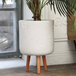 Mid Century Modern Concrete Planter Hexagon Indoor Tripod Plant Pot With Wood Legs Large Holder Housewarming Gift For Lovers - thumbnail 4