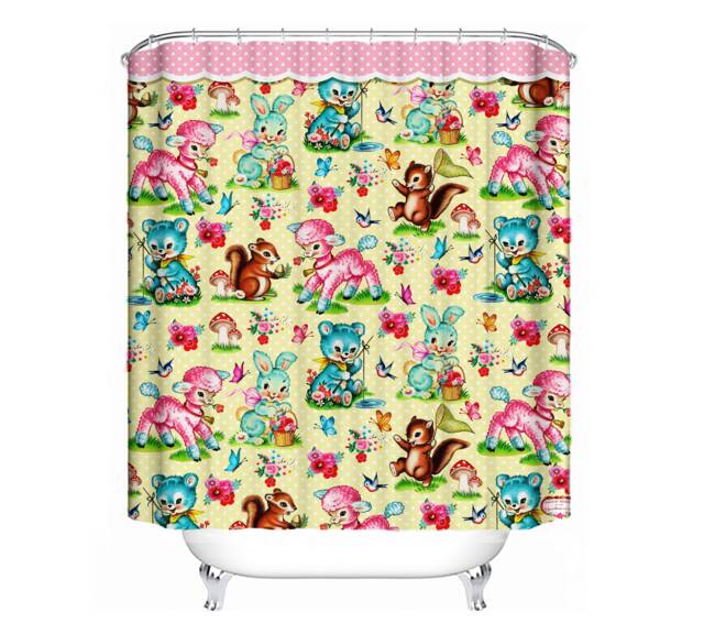 Cute Animals Shower Curtain Cute Bunny, Bear, Lamb Vintage Kitsch Shower Art By Fiona Hewitt 180cm X180cm