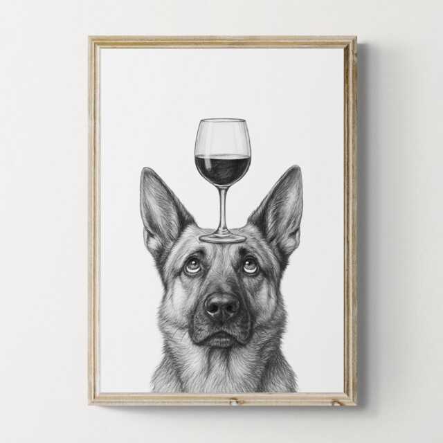 German Shepherd Dog Art Print, Funny & Wine Drawing, Lover Wall Decor, Lovers Gifts - image 1