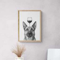 German Shepherd Dog Art Print, Funny & Wine Drawing, Lover Wall Decor, Lovers Gifts - thumbnail 2