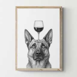 German Shepherd Dog Art Print, Funny & Wine Drawing, Lover Wall Decor, Lovers Gifts - thumbnail 1