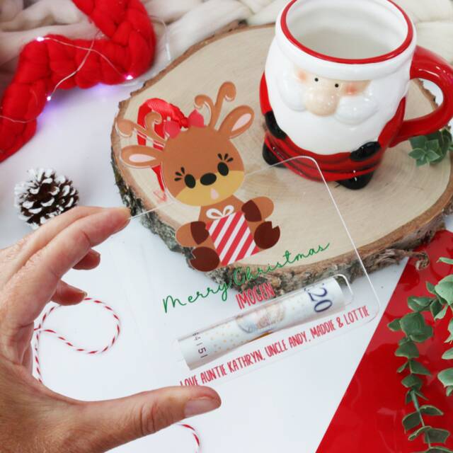 Personalised Money Gift Holder Reindeer - Hanging Bauble Acrylic Cash Wallet Christmas - image 1