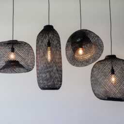 Hand-Dyed Bamboo Pendant Light - Dark Black Basket Lamp Shade Fixture, Moody Boho Industrial Lighting - thumbnail 2