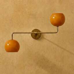 Mid Century Brass Sconce, Orange Globes, Italian Sputnik Vanity Fixture, Retro Lamp - thumbnail 2