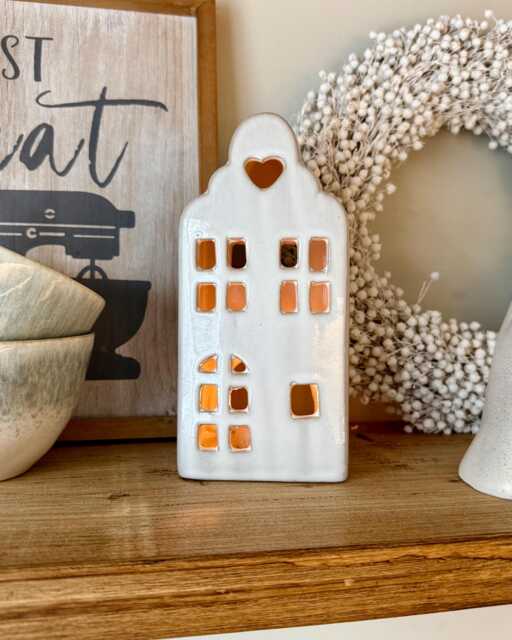 White Ceramic House Tealight Holder - Wax Lantern Decor Cosy Winter Home Accessories - image 1