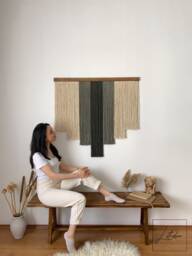 Sage Green Macrame Wall Hanging, Textured Cotton Tapestry, Japandi Style Decor - thumbnail 1