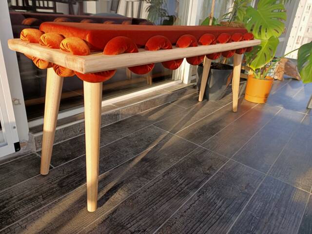 Long Bench, Wooden Orange Straight Wavy Velvet Fabric Garden Furniture, Ottoman Bench, Bedroom Entrway Living Room Bench - image 1