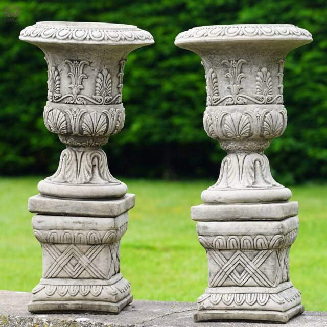 Pair Of Classical Urns + Plinths Stone Garden Ornament - Large Pot Vintage Antique Style British Urn - image 1