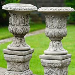 Pair Of Classical Urns + Plinths Stone Garden Ornament - Large Pot Vintage Antique Style British Urn - thumbnail 2