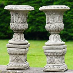 Pair Of Classical Urns + Plinths Stone Garden Ornament - Large Pot Vintage Antique Style British Urn - thumbnail 1