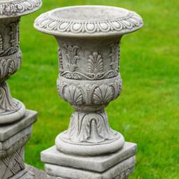 Pair Of Classical Urns + Plinths Stone Garden Ornament - Large Pot Vintage Antique Style British Urn - thumbnail 3