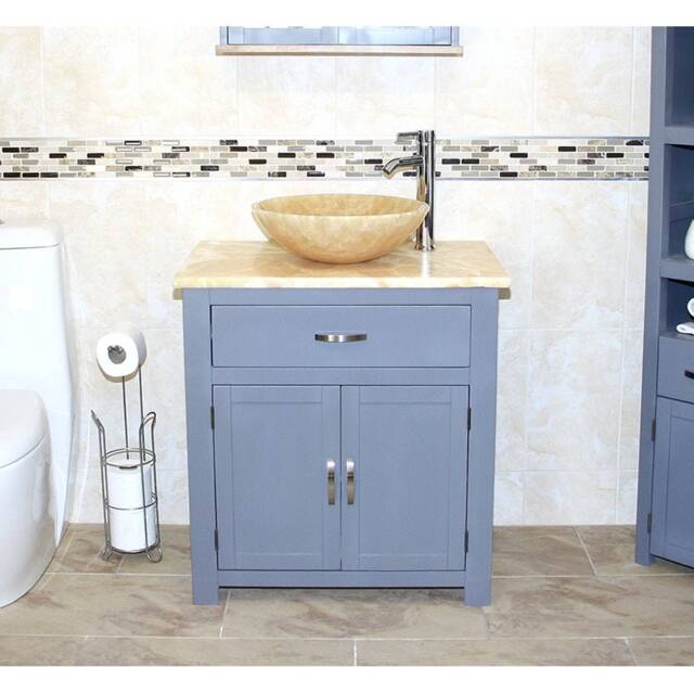 Bathroom Grey Painted Vanity Unit Modern Cabinet Wash Stand Golden Onyx Top & Basin 502Ggo25Go - image 1