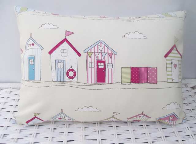 Handmade Beach Hut Cushion Pink Fryetts Fabric, Holiday Home Pillow - image 1