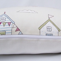 Handmade Beach Hut Cushion Pink Fryetts Fabric, Holiday Home Pillow - thumbnail 3