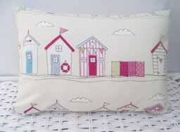 Handmade Beach Hut Cushion Pink Fryetts Fabric, Holiday Home Pillow - thumbnail 1