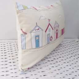 Handmade Beach Hut Cushion Pink Fryetts Fabric, Holiday Home Pillow - thumbnail 2