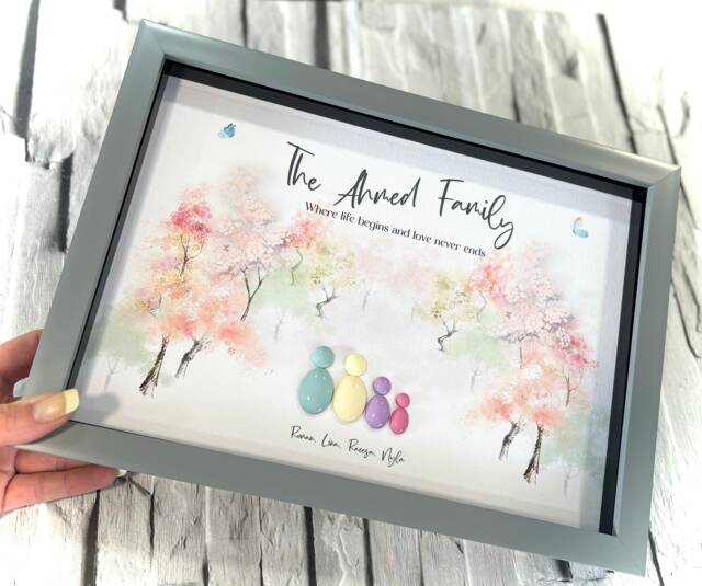 Personalised Family Picture Frame Gift, Pebble People Framed Print For Birthday Present, Unique Home Decor Wall Art Gifts