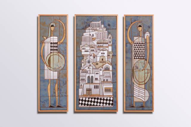 3 Piece Wall Art Ceramic Tiles Framed Set Mural Greek Mythology Triptych Athens Greece Architectural Decoration Large - image 1