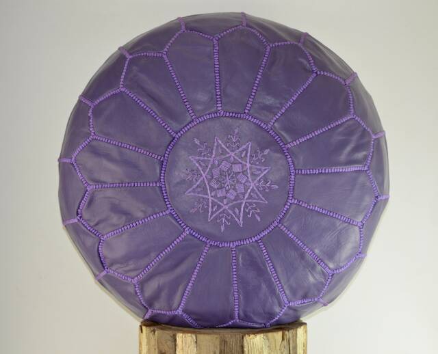 Moroccan Leather Pouffe Footstool Ottoman, Handmade From Naturally Tanned in Purple - image 1