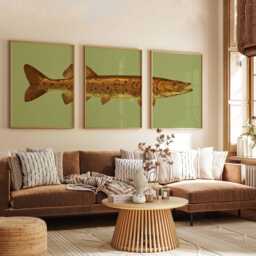 Vintage Fish Wall Art Set Of 3, Antique Illustration Poster Prints, Rustic Green Nature Decor, Coastal Fishing Cabin - thumbnail 3