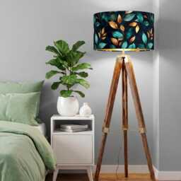 Handmade By Order Luxury 3D Teal Blue Gold Leave Print On Velvet Drum Lamp Shade Ceiling & Table All Shapes Sizes Available - thumbnail 2