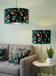 Handmade By Order Luxury 3D Teal Blue Gold Leave Print On Velvet Drum Lamp Shade Ceiling & Table All Shapes Sizes Available