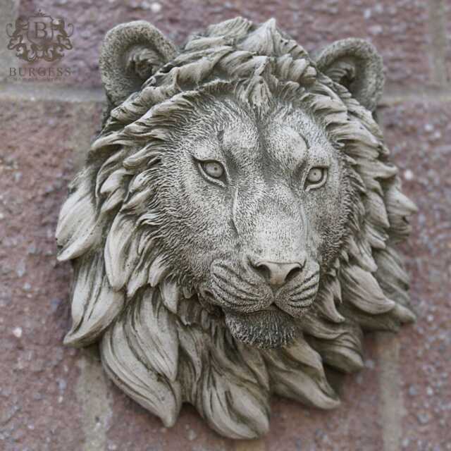 Lion Head Bust Hanging Plaque Stone - African Animal Outdoor Garden Ornament - image 1