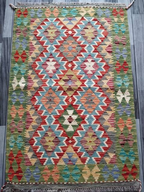 Multicolour Kilim Rug, Handmade Artisan Afghan Turkish Aztec Geometric Wool Rug 128x86 cm - image 1