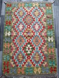 Multicolour Kilim Rug, Handmade Artisan Afghan Turkish Aztec Geometric Wool Rug 128x86 cm - thumbnail 1