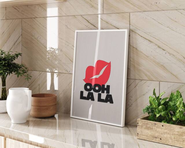 Typography Wall Art Print Ooh La Kiss Beige & Red Modern Bedroom Kitchen Decor Funny Slogan Poster Framed Or Unframed Gift Idea - image 1