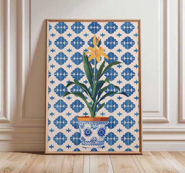 Mediterranean Tile Wall Art Print, Yellow Lily Poster, Blue Pot Kitchen Decor, Spanish Ceramic Style, Unframed Floral Plant Artwork - image 1