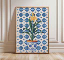 Mediterranean Tile Wall Art Print, Yellow Lily Poster, Blue Pot Kitchen Decor, Spanish Ceramic Style, Unframed Floral Plant Artwork - thumbnail 1