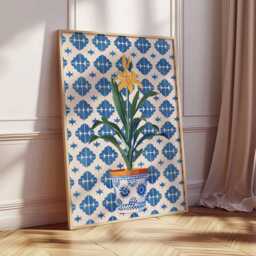 Mediterranean Tile Wall Art Print, Yellow Lily Poster, Blue Pot Kitchen Decor, Spanish Ceramic Style, Unframed Floral Plant Artwork - thumbnail 3