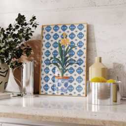 Mediterranean Tile Wall Art Print, Yellow Lily Poster, Blue Pot Kitchen Decor, Spanish Ceramic Style, Unframed Floral Plant Artwork - thumbnail 2