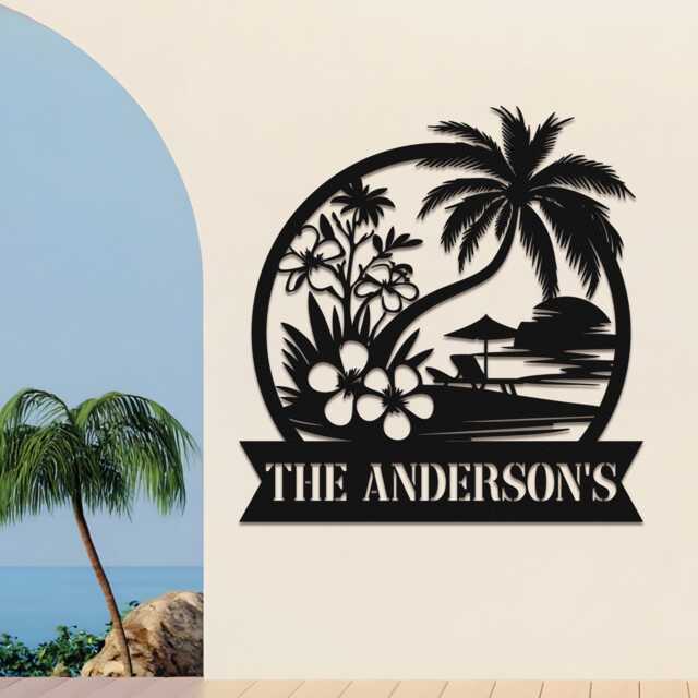 Custom Palm Tree Beach Metal Sign, Personalized Name Coastal Wall Decor, Sunset Style Design - image 1