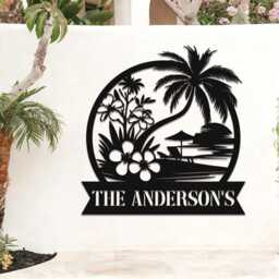 Custom Palm Tree Beach Metal Sign, Personalized Name Coastal Wall Decor, Sunset Style Design - thumbnail 3
