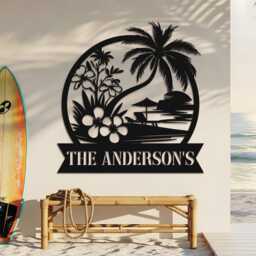 Custom Palm Tree Beach Metal Sign, Personalized Name Coastal Wall Decor, Sunset Style Design - thumbnail 2