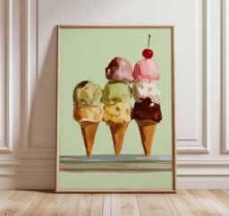 Ice Cream Art Print - Modern Pop Poster Colorful Dessert Wall Kitchen Sweet Treat Decor Retro Cone Artwork - thumbnail 1