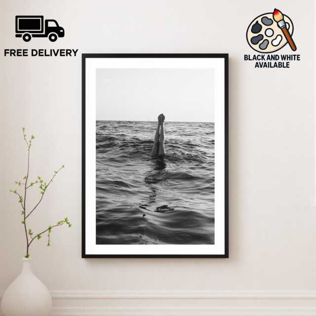Vintage Girl Handstand in Ocean Print, Luxury Fashion, Fine Art Photography Wall Art, Museum Quality Classic Black & White Poster - image 1