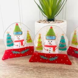 Fused Glass Snowglobe Decoration - Christmas Decoration, Snowman Decoration, Cornish - thumbnail 3