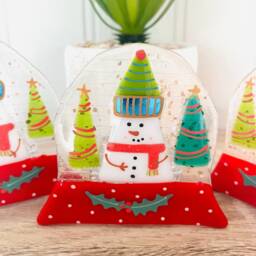 Fused Glass Snowglobe Decoration - Christmas Decoration, Snowman Decoration, Cornish - thumbnail 1