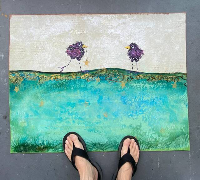 Little Birds Floor Cloth Aqua Blue Abstract Hand-Painted Rug - image 1
