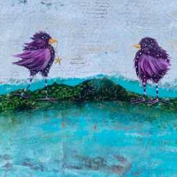 Little Birds Floor Cloth Aqua Blue Abstract Hand-Painted Rug - thumbnail 4